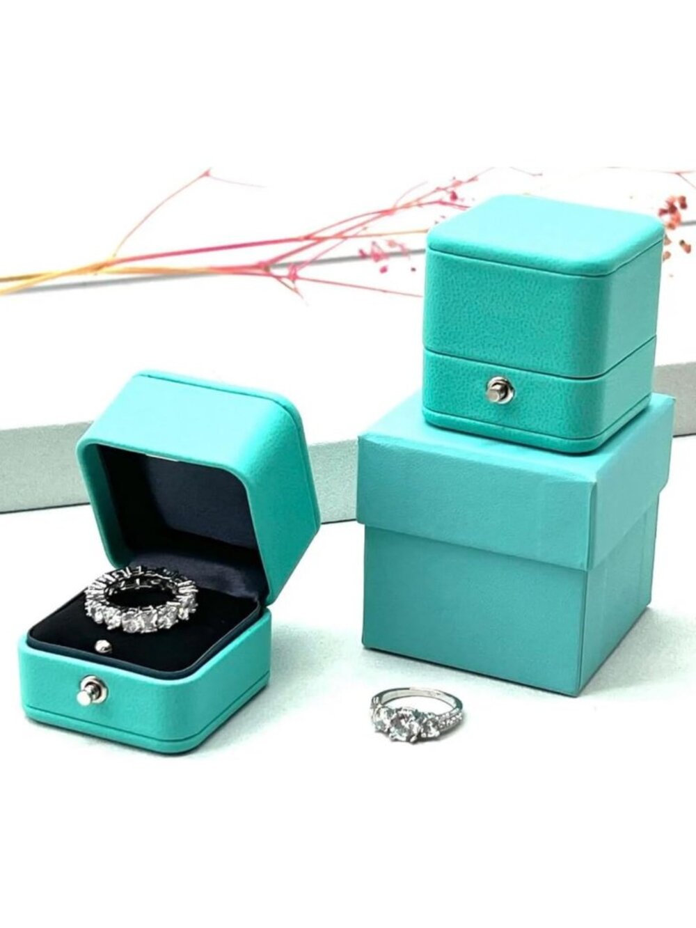 Vintage Soft Leather Ring Box for Wedding Proposal, Engagement Gift - Teal Blue